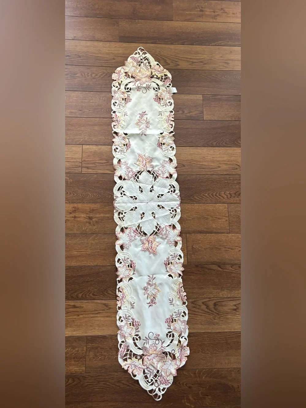 Embroidered White Table Runner with Autumn Floral Accents
